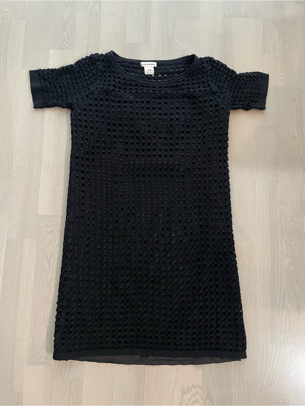 Club Monaco Short Sleeves Black Midi Dress with Textured Crochet Overlay